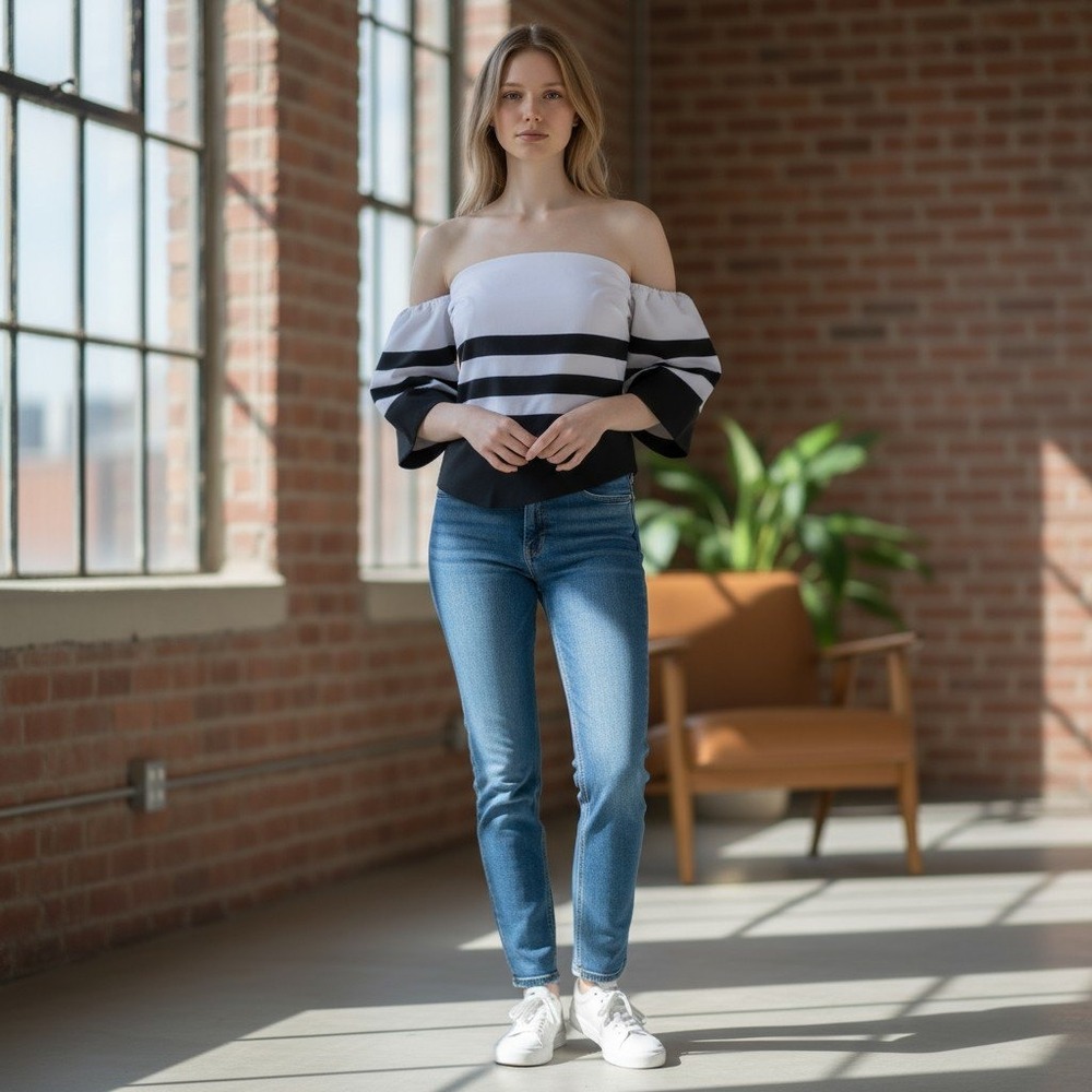 Chicwish Off Shoulder Striped Balloon Sleeve Top Women's Size S
